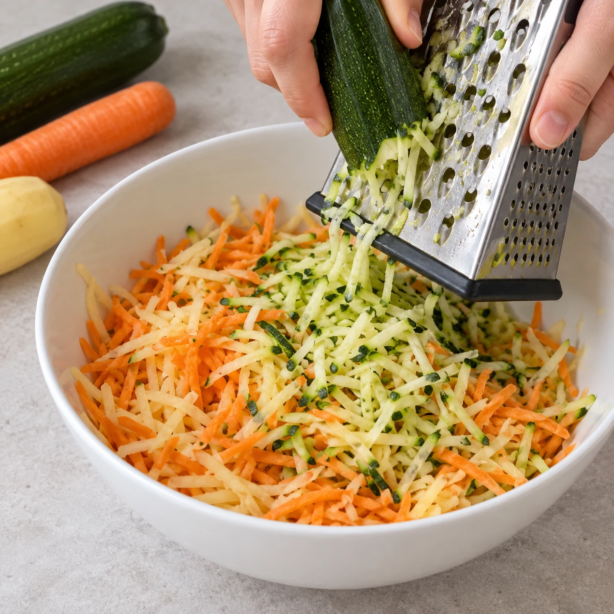 Une seule photographie carrée du geste « Râper la courgette »: Râpe les 250 g de courgette dans le saladier. État obtenu: La courgette forme des filaments mêlés aux autres légumes.. Uniquement les ingrédients autorisés à cette étape; pas de visage, de texte ou d’ingrédient animal.