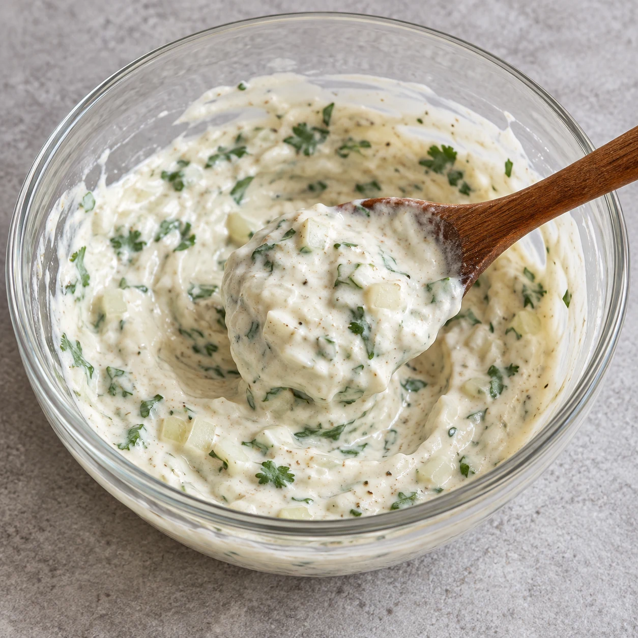 Bol transparent et cuillère remuant une sauce blanche épaisse au soja, herbes vertes et petits morceaux d’oignon.