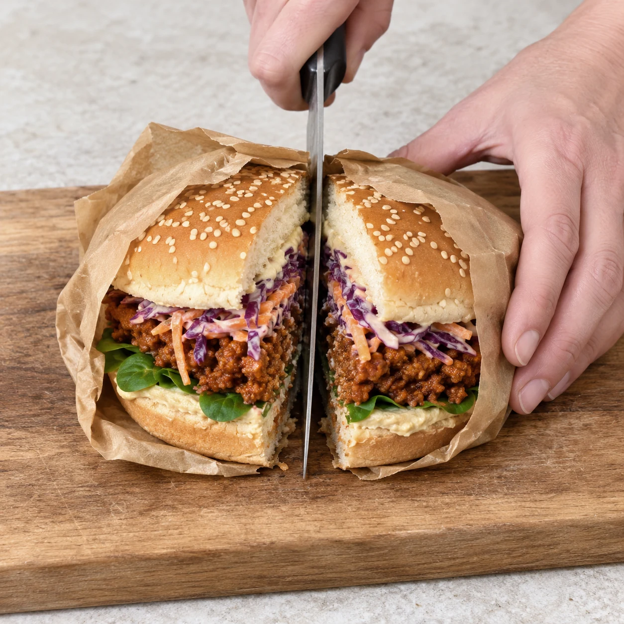 Coupez chaque burger en deux dans son papier alimentaire. Montrer seulement cette action et les ingrédients déjà présents.