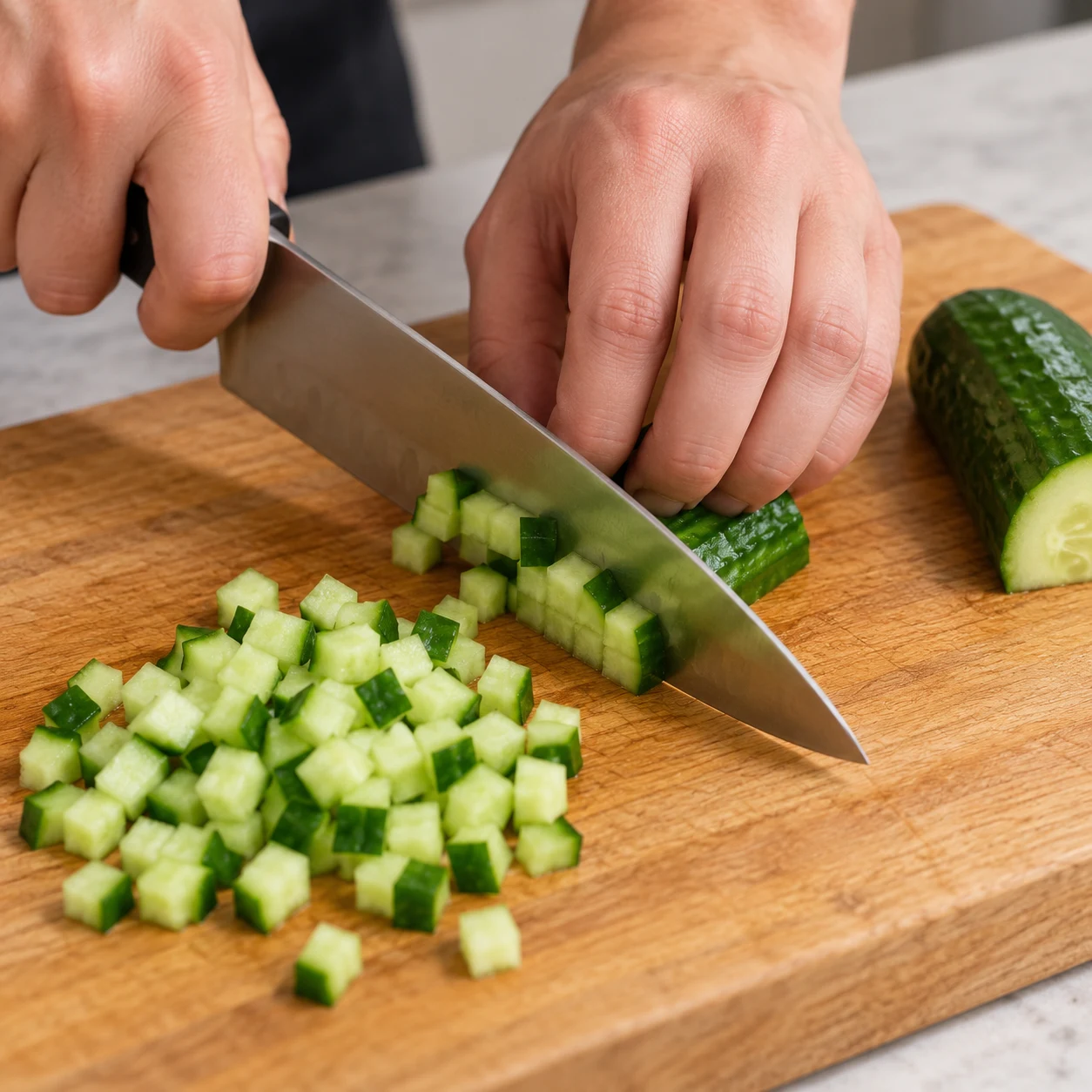 Couper le concombre : Les dés de concombre sont petits et réguliers.