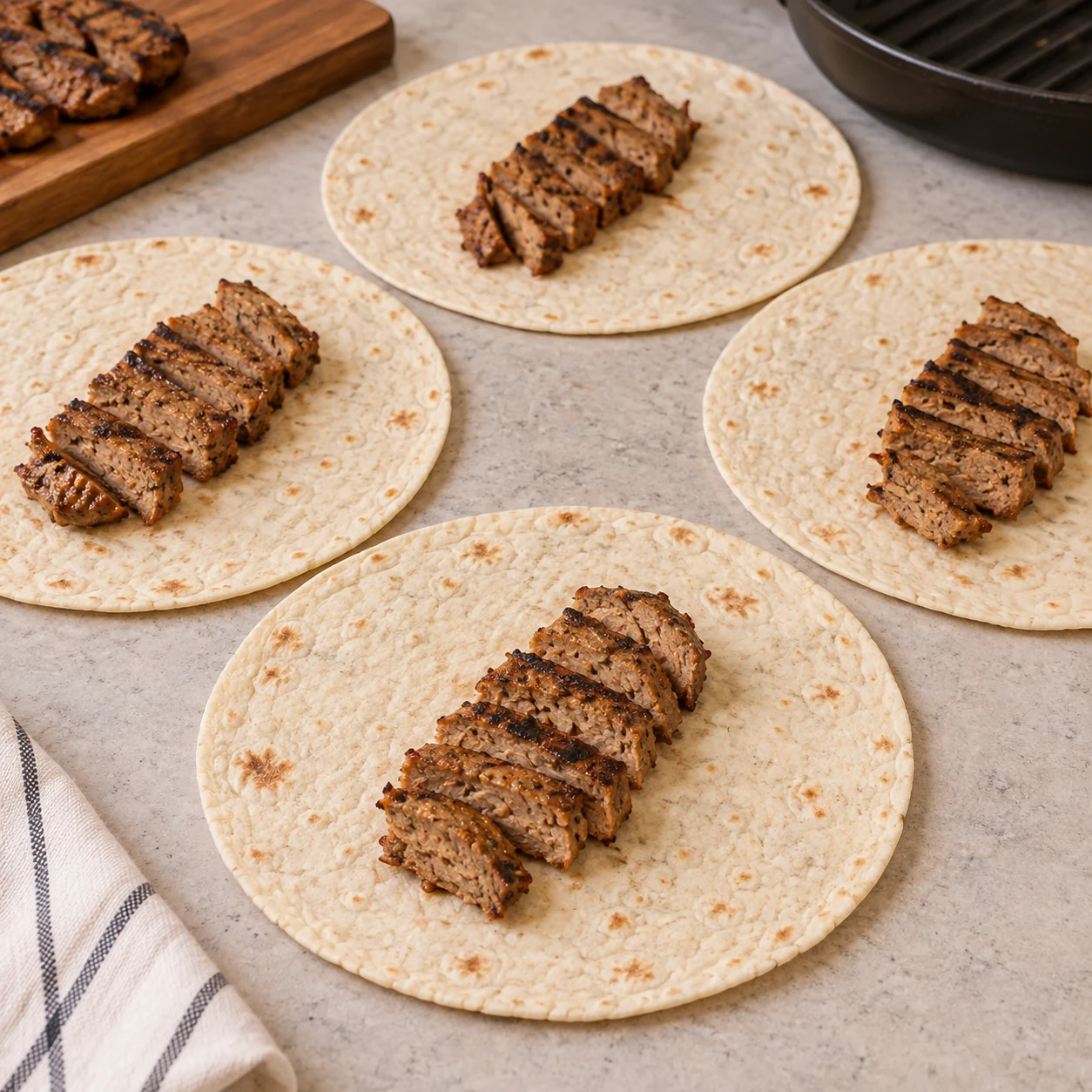 Chaque tortilla porte un quart de la garniture protéinée grillée.