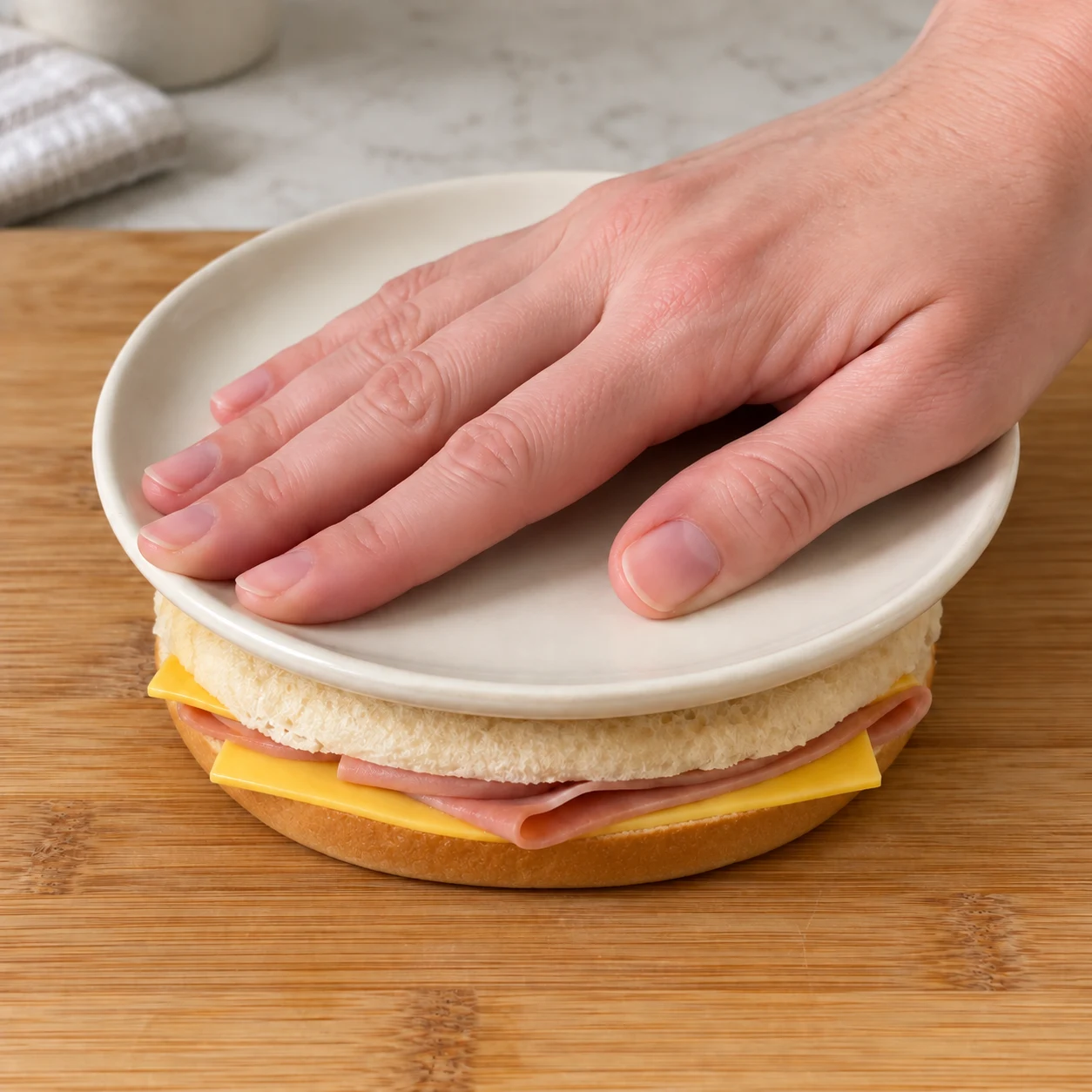 Une main adulte anonyme presse une assiette neutre sur le croque, sandwich aplati légèrement visible sous le bord.