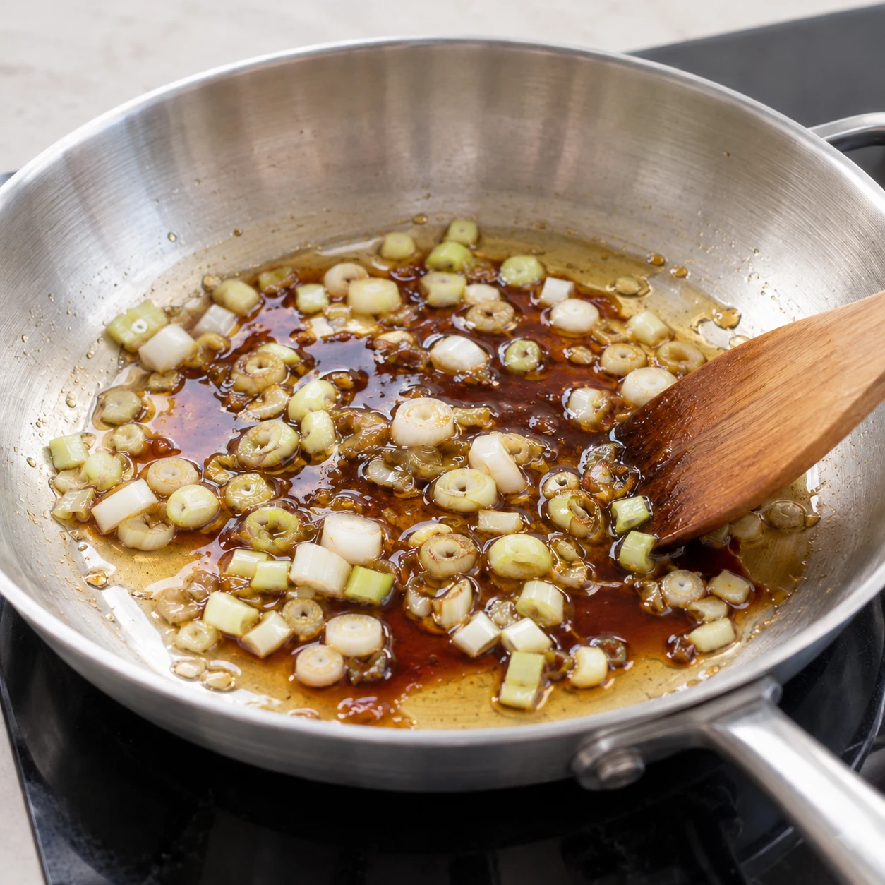 Nettoie légèrement la poêle. Ajoute le blanc d’oignon nouveau, la sauce soja sucrée, l’huile de sésame et l’huile neutre, comme dans la source. Résultat visible : L’oignon et les sauces sont répartis dans le fond de la poêle, sans résidu brûlé.