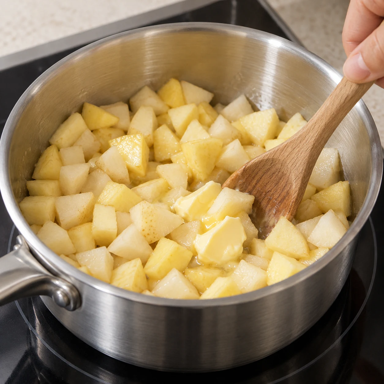 Ajouter les dés de pomme et poire dans une casserole avec la margarine végétale.