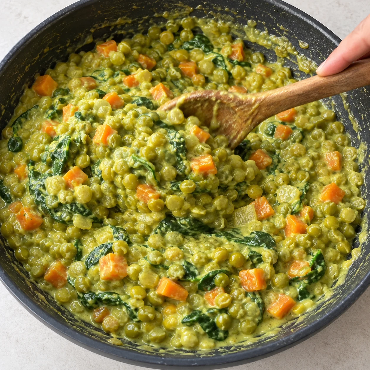 Cuillère remuant une préparation épaisse de pois cassés verts, dés de carottes orange et épinards fondus, aspect exact de la recette d’origine, sans riz dans le wok.