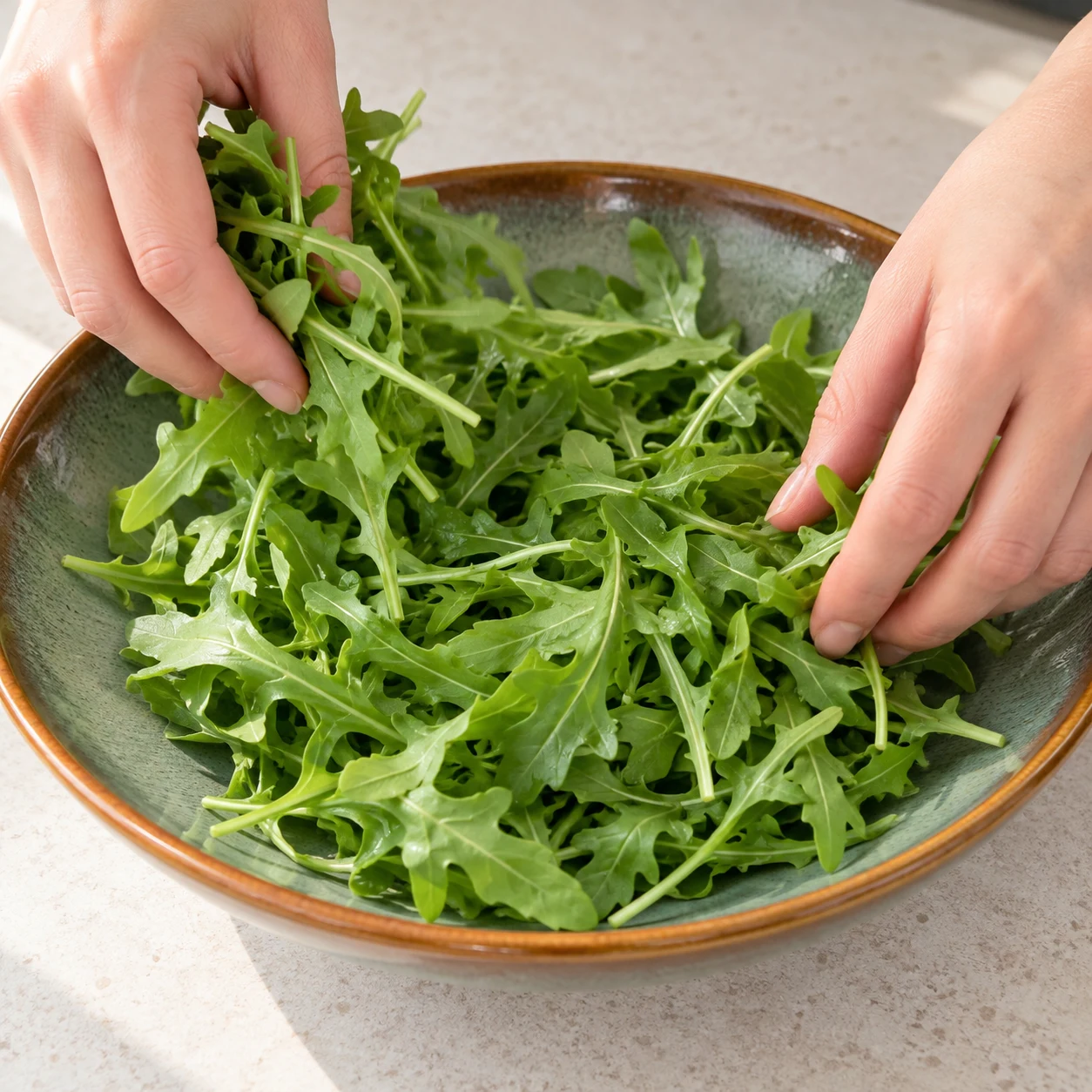 Assiette neutre contenant seulement des feuilles de roquette fraîche, sans salade de pâtes ni fromage.