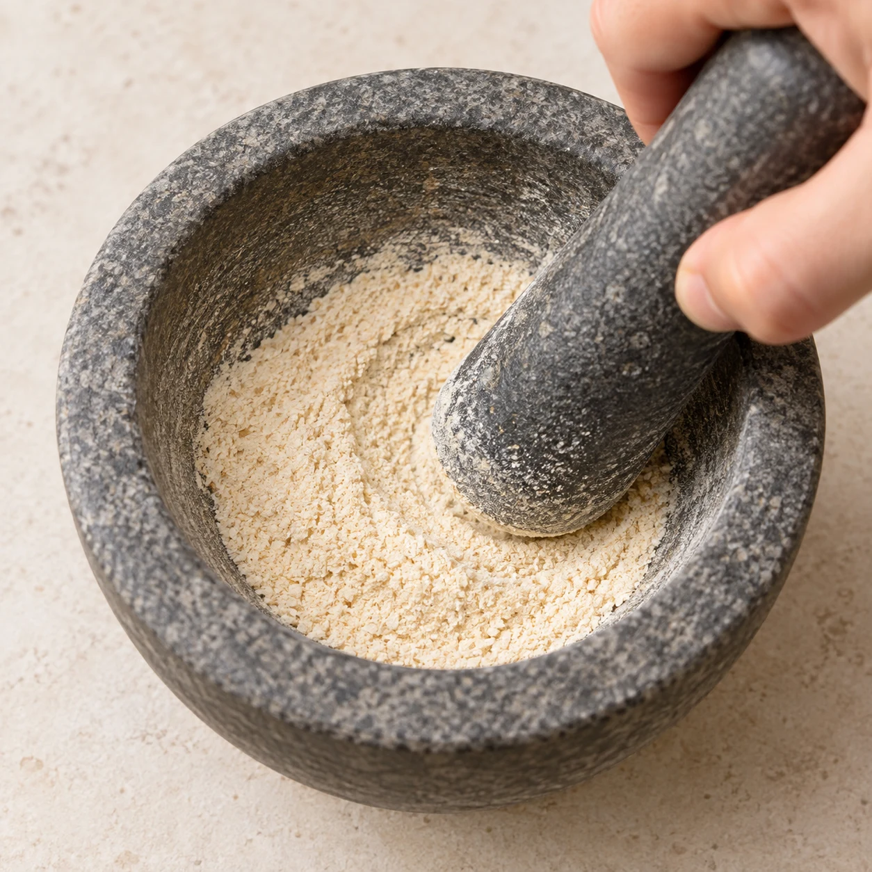 Mortier neutre et pilon réduisant des fragments d’oignon déshydraté beige en poudre fine ; aucun autre aliment.