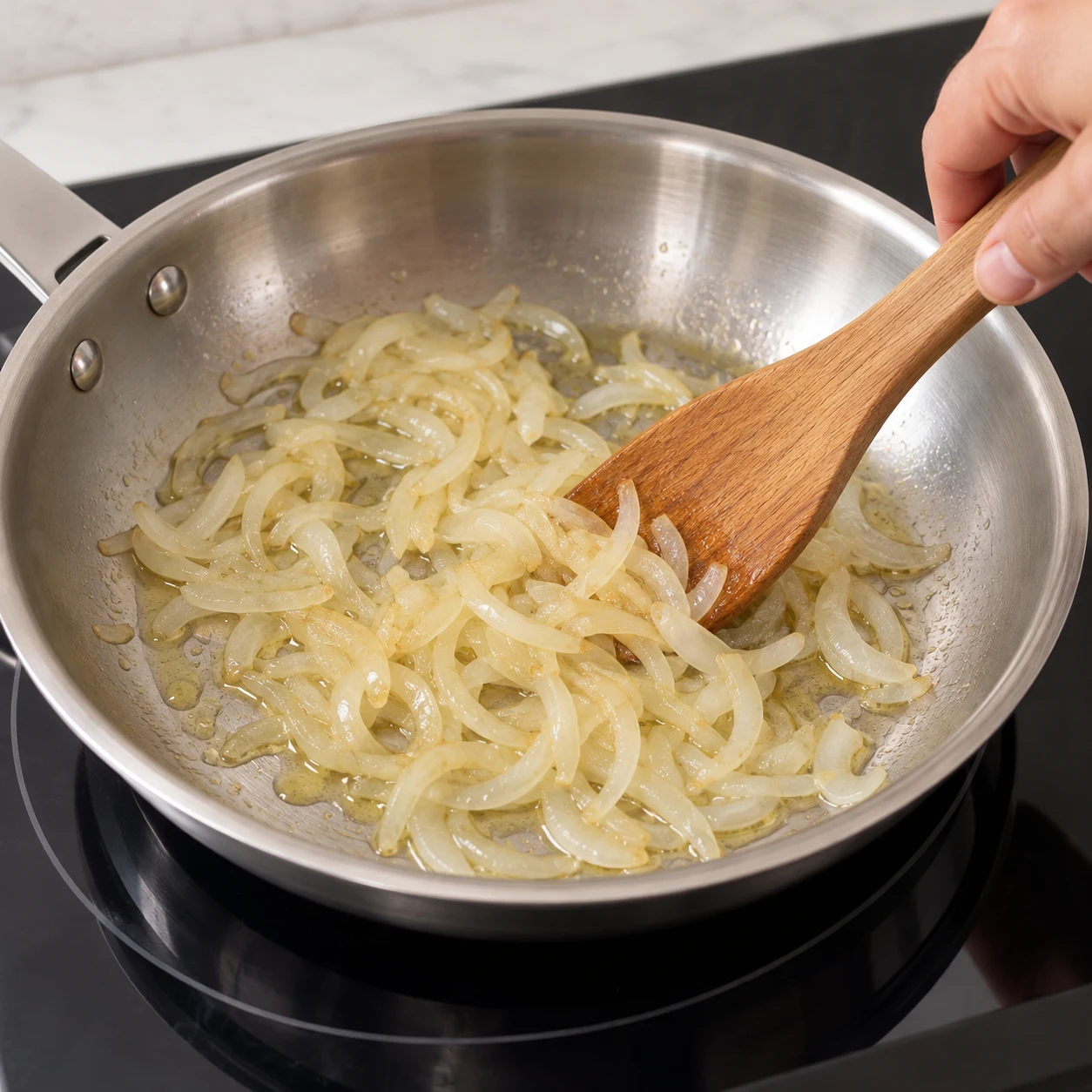 Faire revenir l’oignon dans la poêle avec une partie des 1 à 2 c.à.s d’huile prévues pour la garniture, jusqu’à ce qu’il soit tendre. Le réserver. Une seule poêle et une seule phase de cuisson de l’oignon dans son huile.