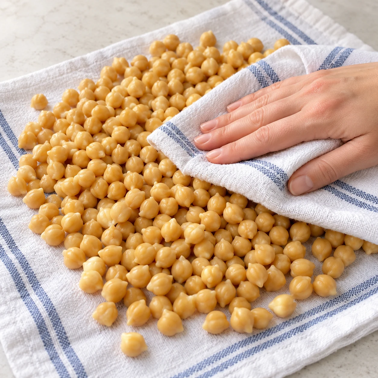 Pois chiches réhydratés essuyés dans un linge propre, sans oignon ni épices ajoutés.