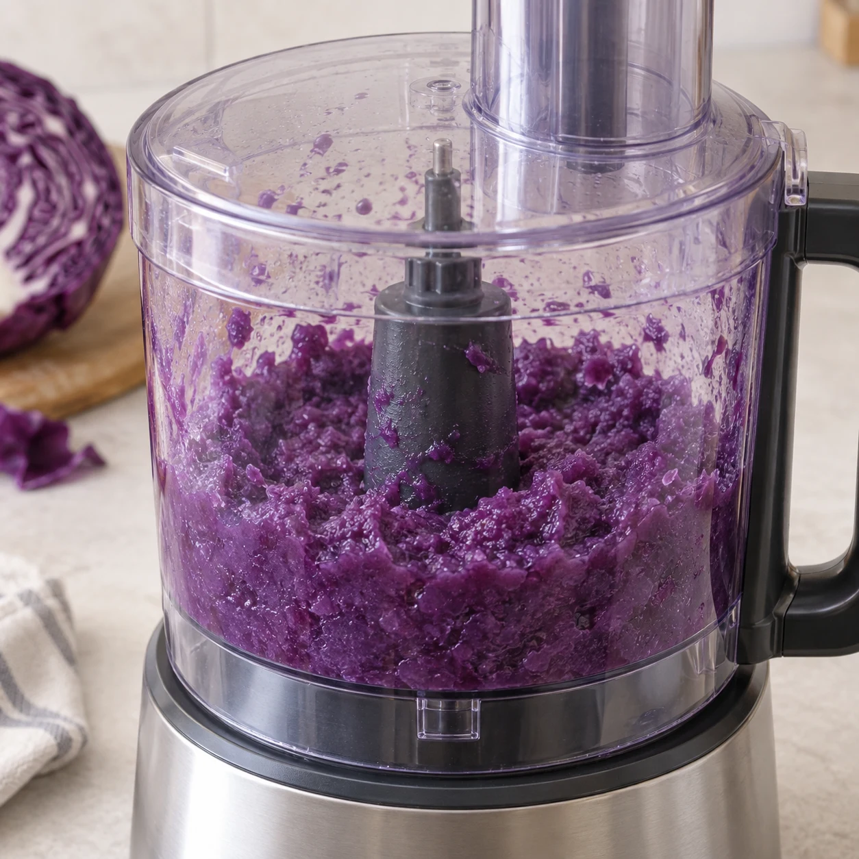 Robot contenant seulement une purée humide de chou violet, sans farine.
