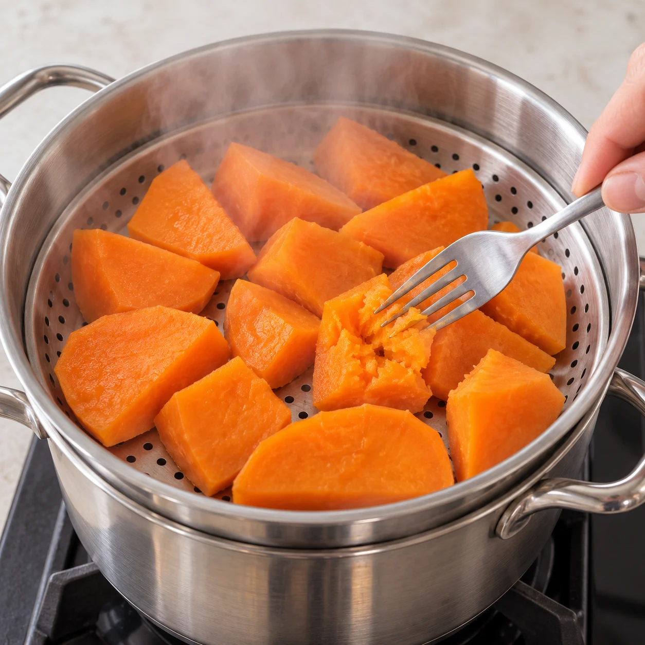 Morceaux orange de patate douce sans peau dans un panier vapeur ; aucun autre ingrédient.