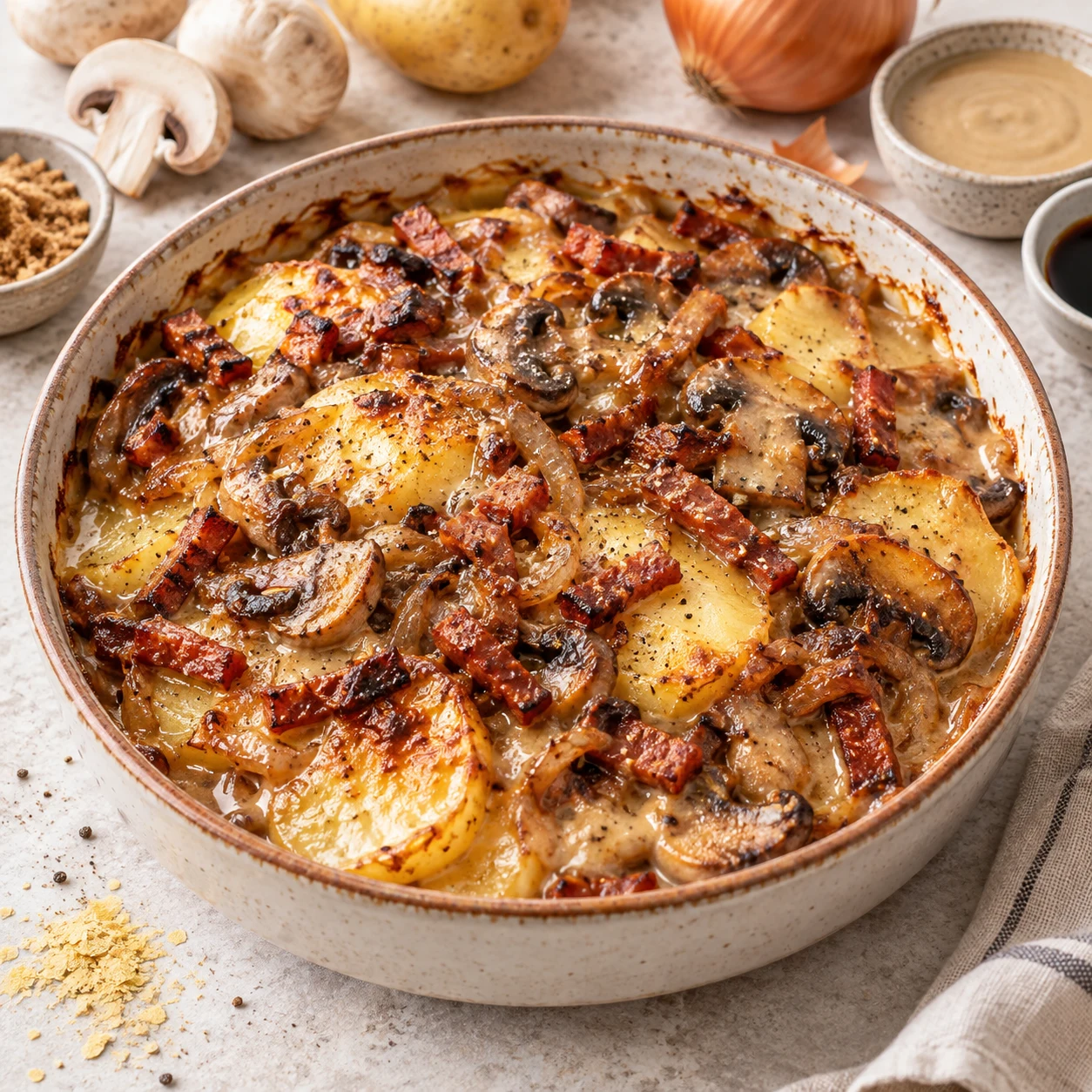 Gratin de pommes de terre aux champignons et lardons végétaux, sauce tahini