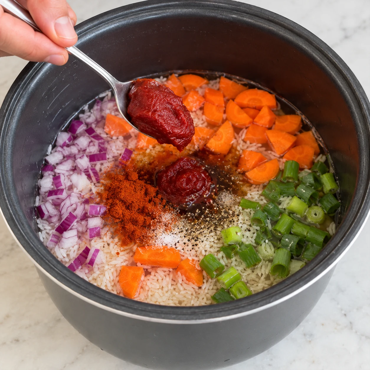 Cuve ronde du cuiseur avec riz blanc cru, oignon rouge haché, oignon nouveau vert en tronçons, quartiers de carotte ; concentré rouge et paprika visibles.