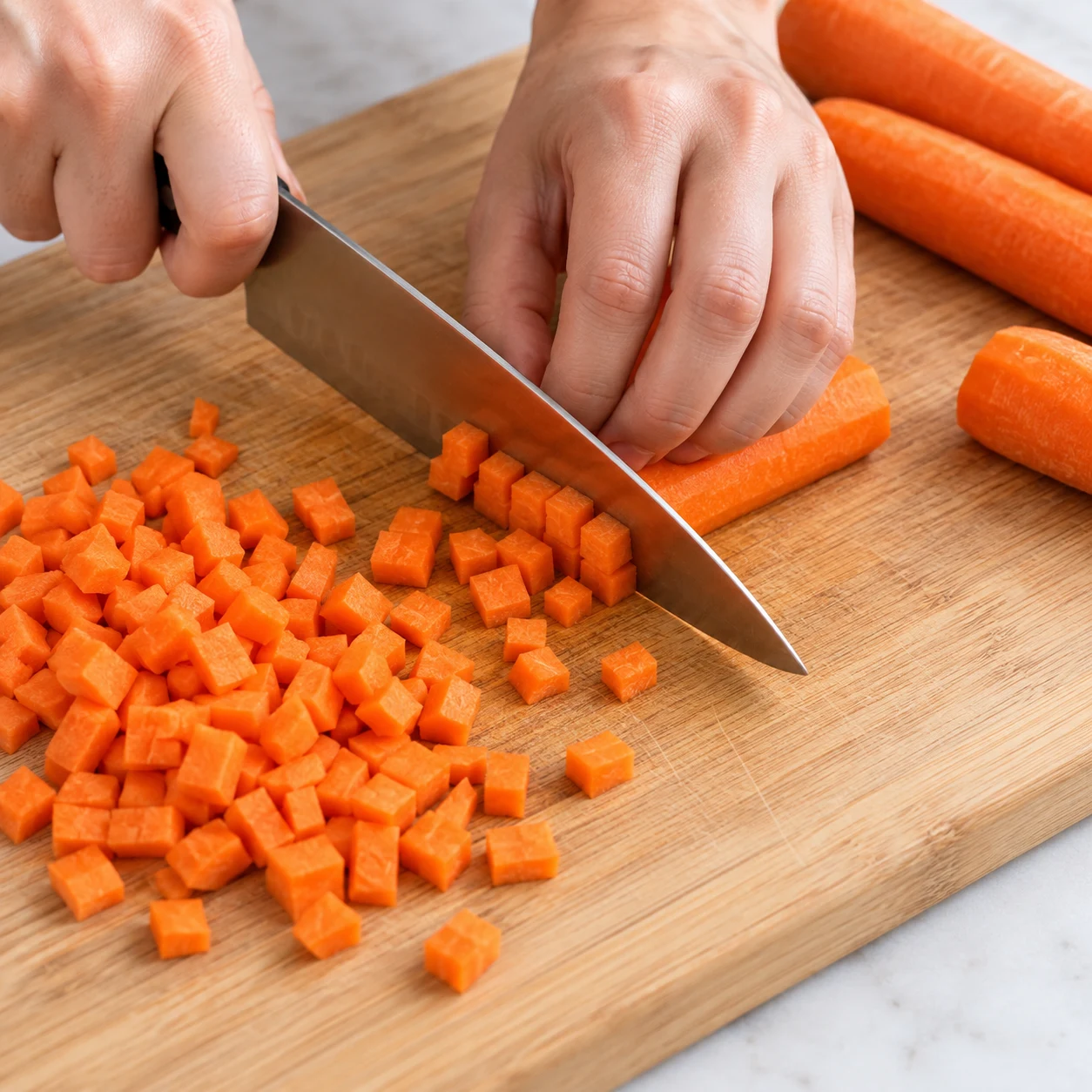 Découpe active d’une carotte en petits dés orange sur planche stable, prise en griffe.