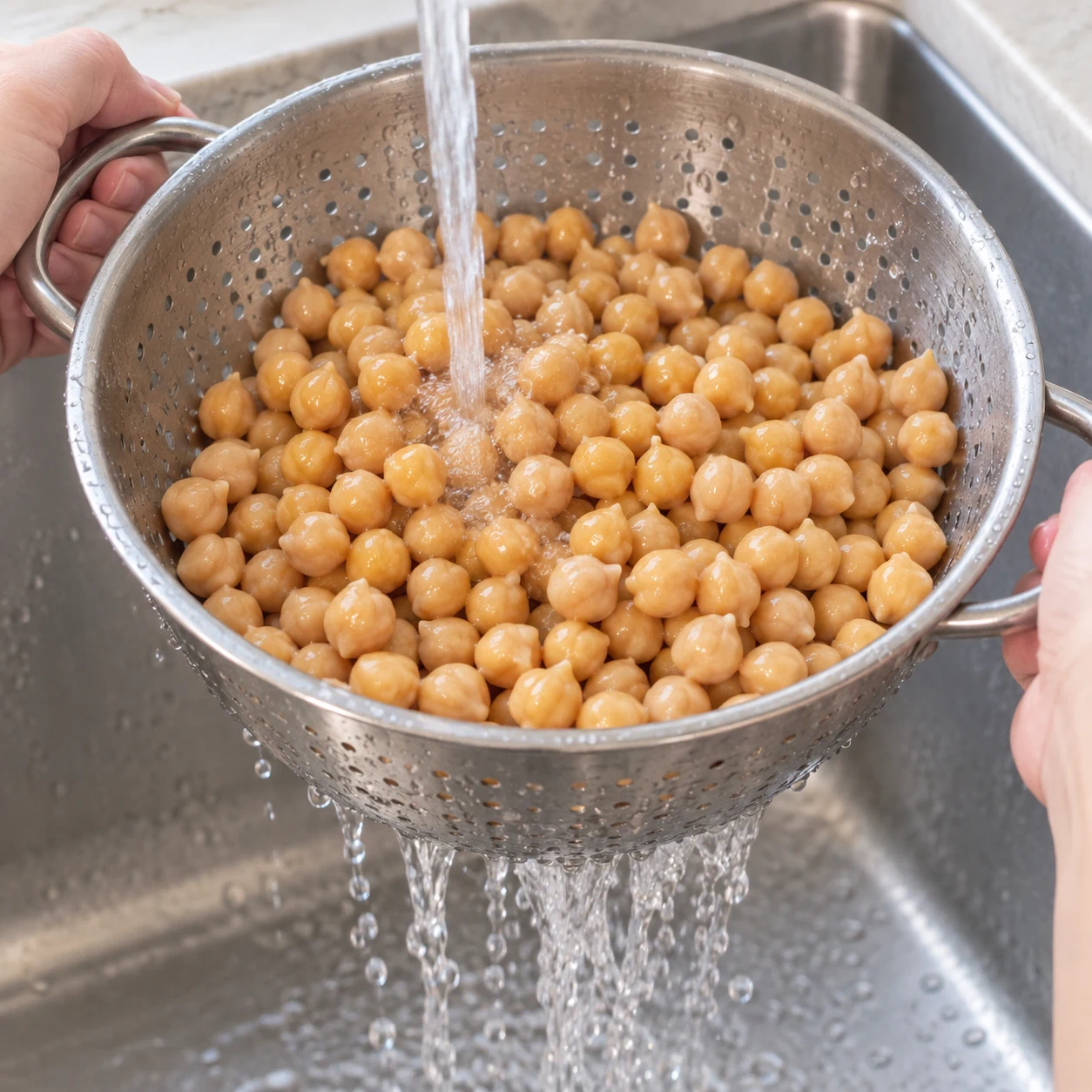 Égoutter les pois chiches : Égouttez puis rincez les pois chiches en conserve ; pesez-en 350 g égouttés.