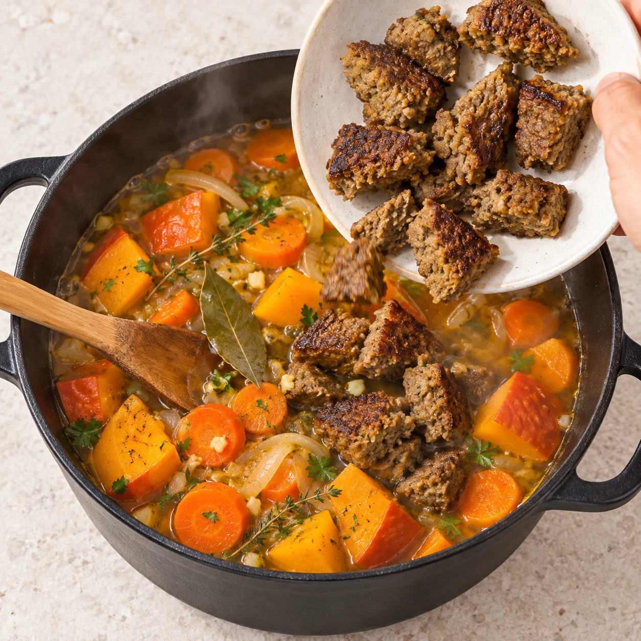 Remets les gros morceaux végétaux cuits dans la cocotte après les 30 minutes de mijotage des légumes. État à montrer : Les morceaux végétaux sont répartis avec les légumes tendres.