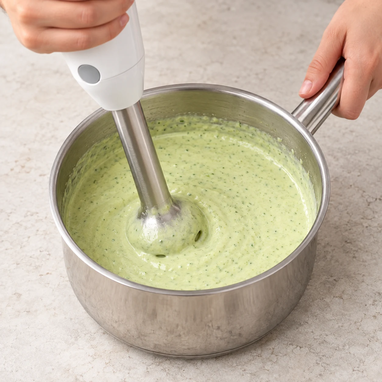 Mixeur plongeant correctement immergé dans une sauce vert pâle de pied de brocoli, soja et fromage végétal fondant.