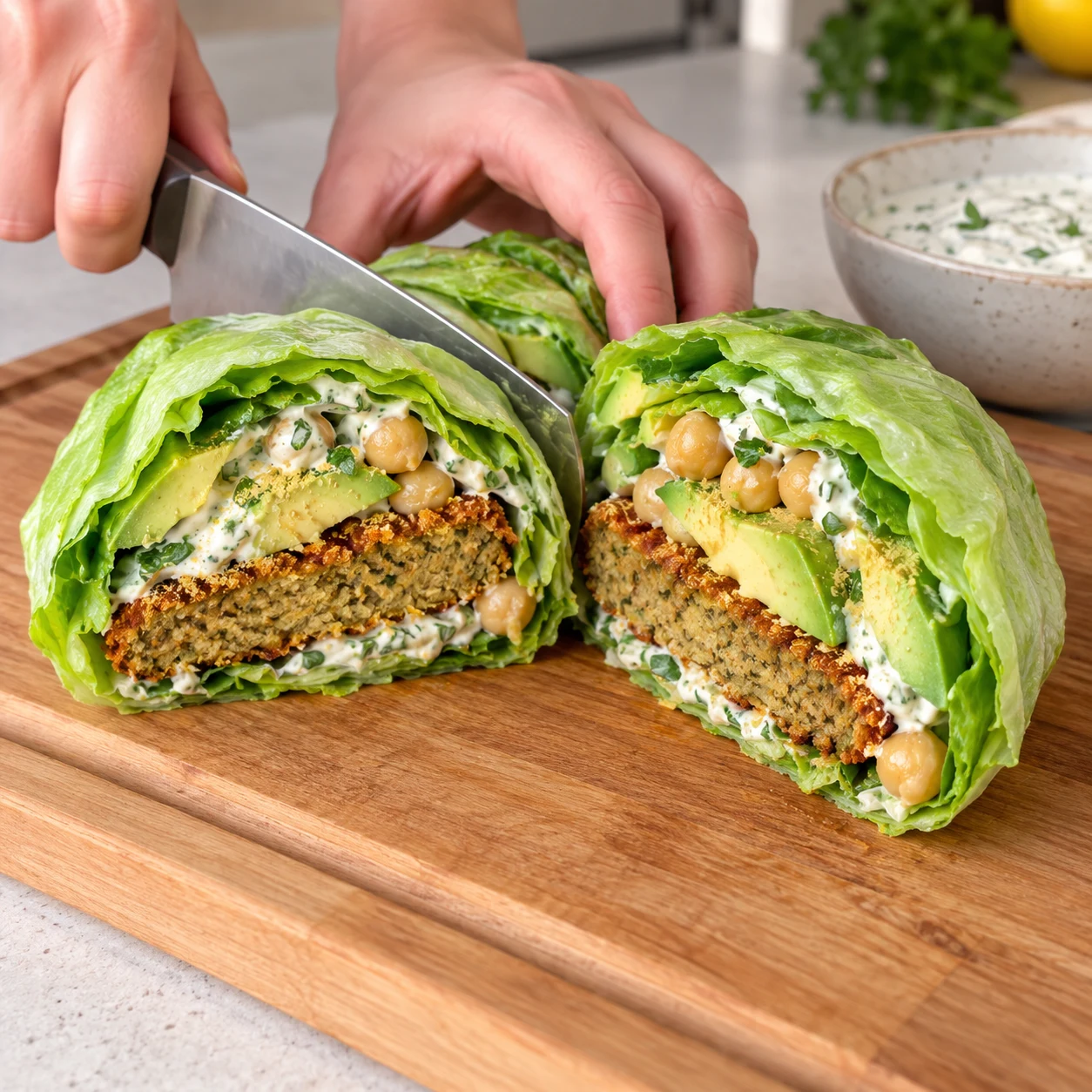 Deux moitiés d’un wrap tout en laitue révélant steak végétal pané brun à cœur, pois chiches, avocat et sauce blanche aux herbes. Aucun tofu ni œuf.