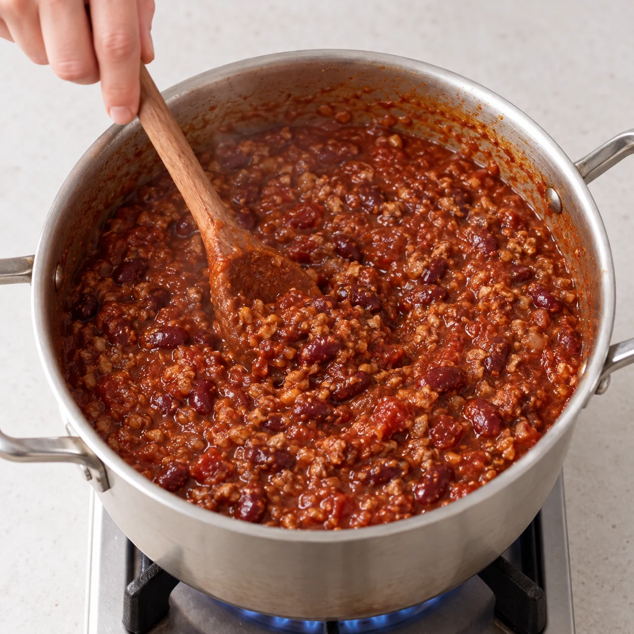Chili rouge épais mijotant doucement, haricots entiers et haché de noix et champignons.