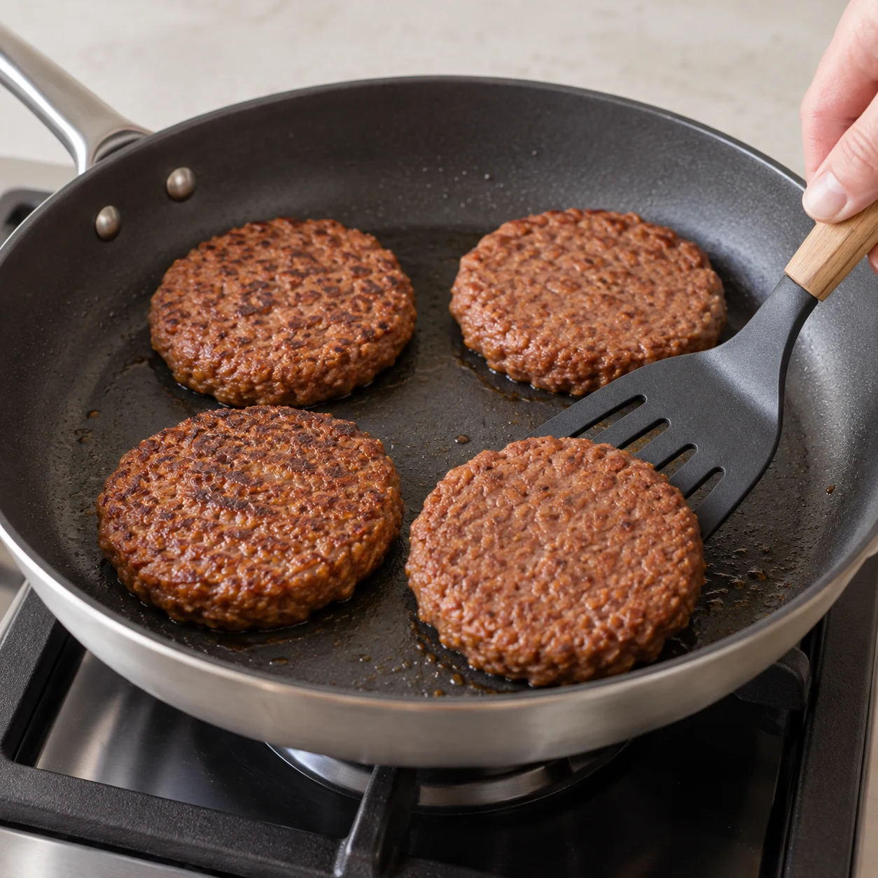 Steaks végétaux de pois et fèveroles entiers dans une poêle à feu moyen, première face dorée.