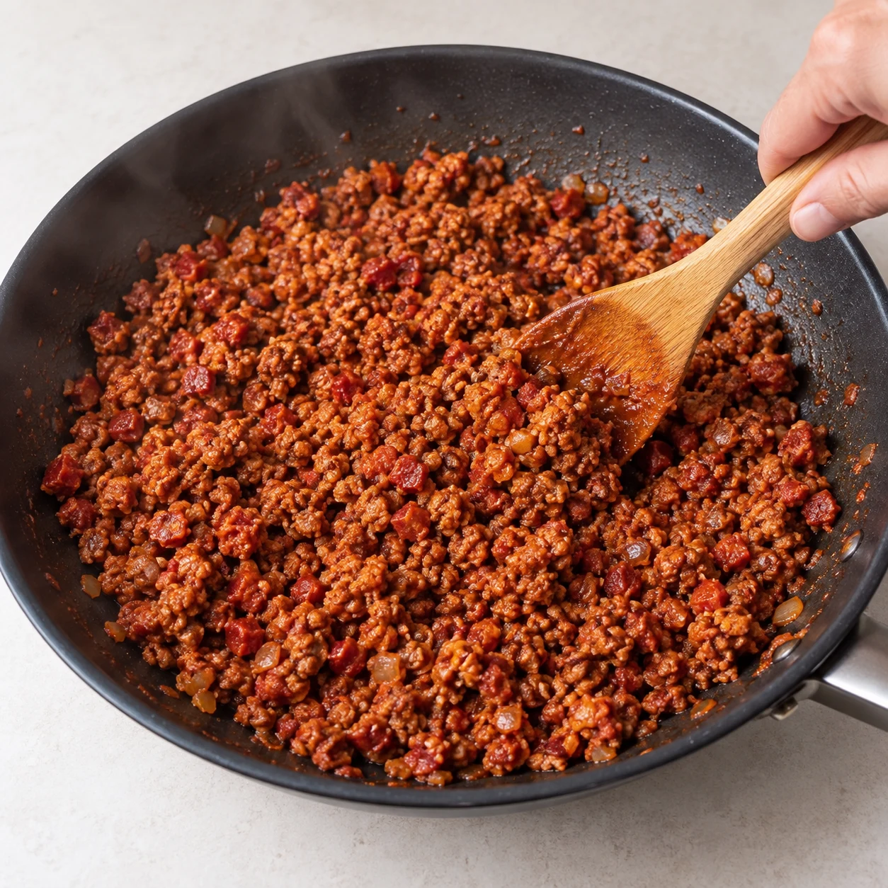 Assaisonner la garniture. Le concentré de tomate est réparti, sans amas rouges. Une seule action, plan de travail pierre pâle, ustensiles neutres ; seulement les ingrédients de cette étape.
