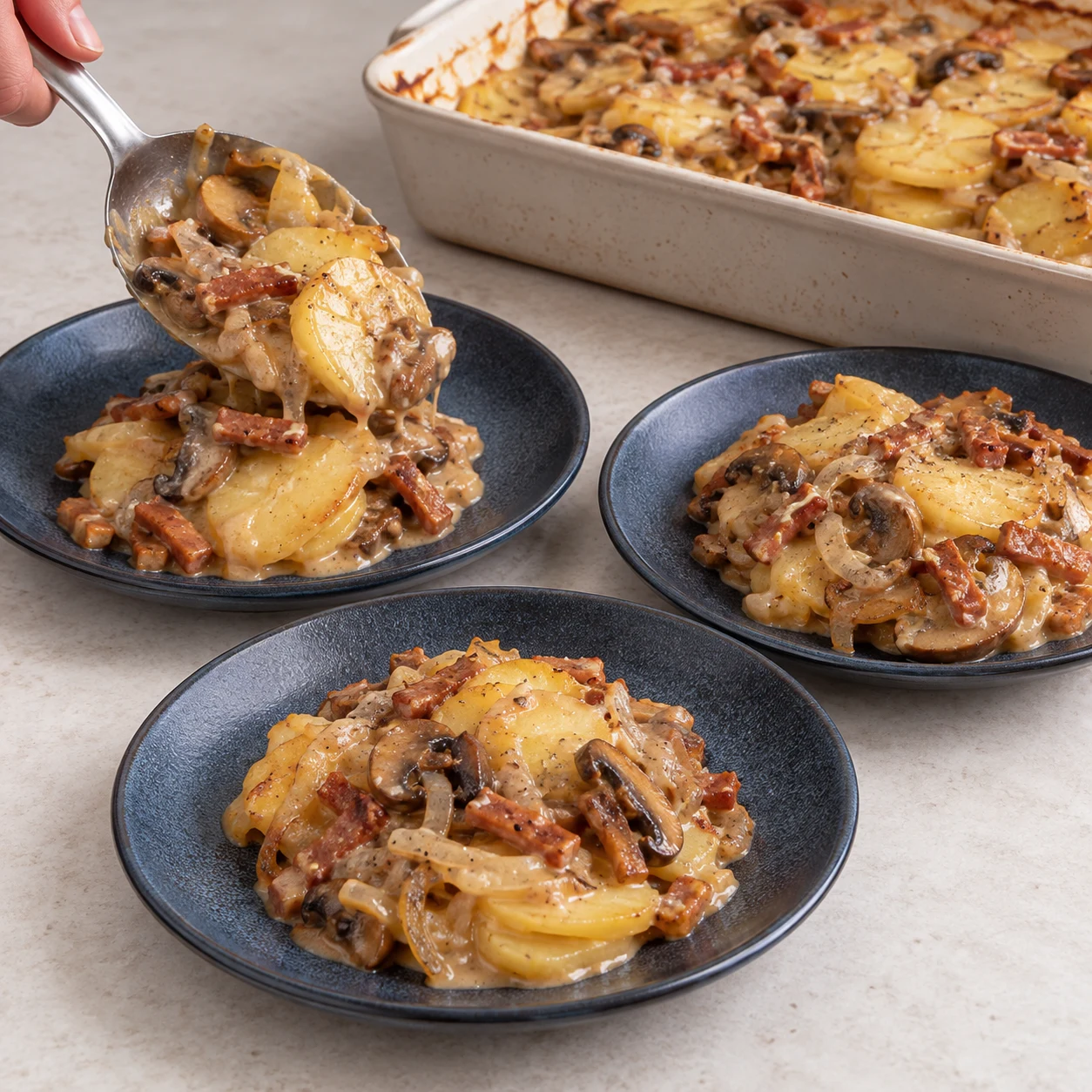 Une seule action : Servir le gratin. Chaque portion contient des pommes de terre et de la sauce aux champignons et au lardons végétaux. Uniquement les ingrédients de cette phase : Pommes de terre, Oignon, Champignons de Paris, Lardons végétaux fumés, Huile végétale, Sauce soja salée, cassonade, Sirop d’érable, Fécule de maïs, Eau froide, Tahini blanc, Levure maltée. Allumettes végétales fumées rosées à base de soja ; jamais de tofu ni de miso. Sauce onctueuse brun clair au sésame, plus pâle que dans la source.