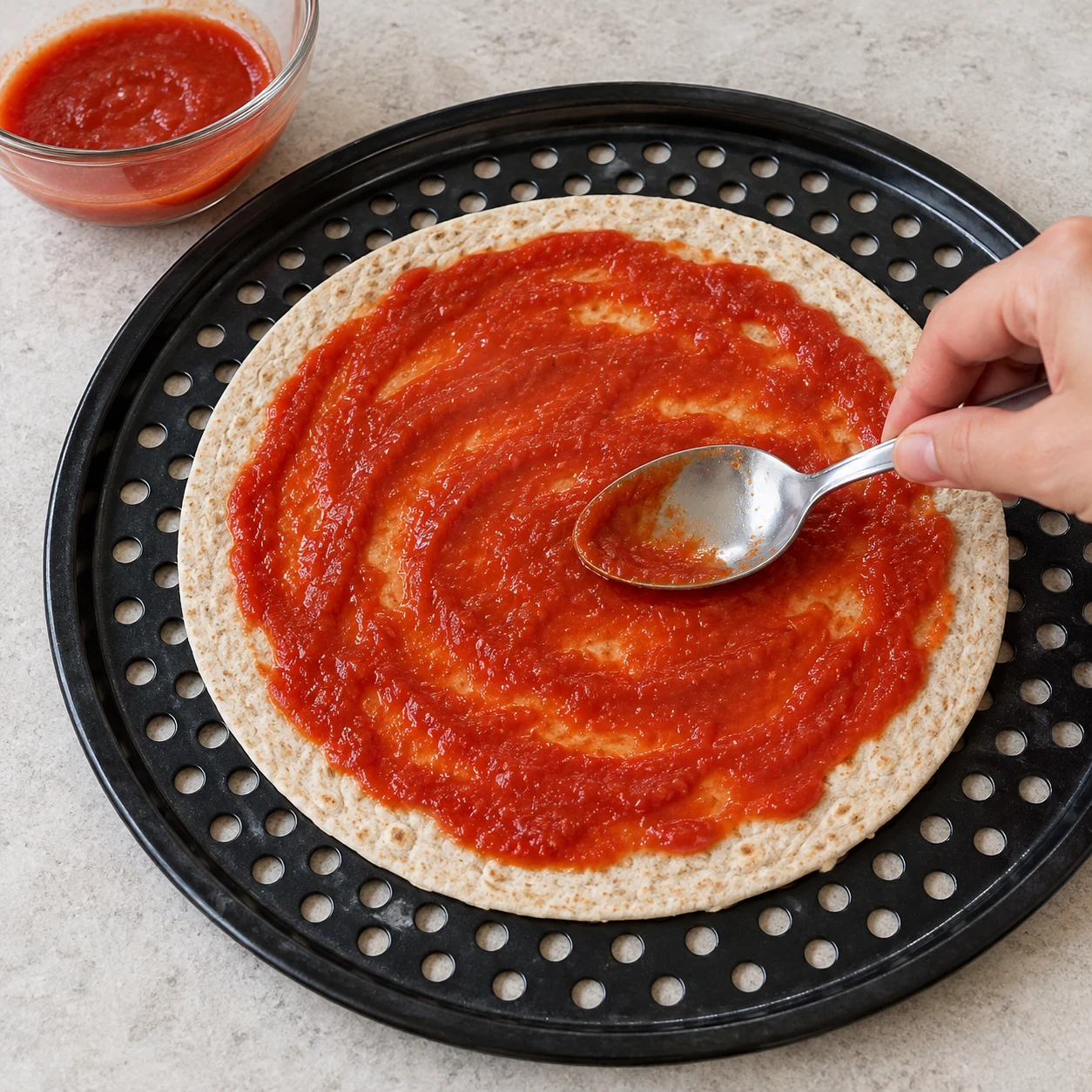 Dos de cuillère étalant une fine couche de coulis rouge sur une tortilla, sans fromage ni chorizo.