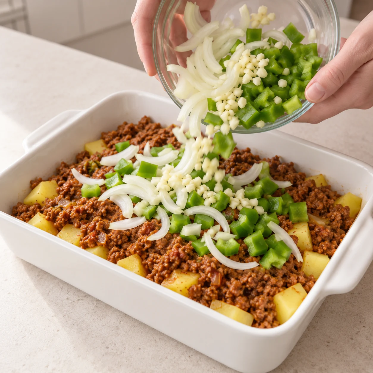 Ajouter les légumes préparés : Les trois légumes préparés sont présents dans le plat. Ingrédients visibles exclusivement : Pommes de terre, Haché végétal de soja cuisiné, Oignon émincé, Ail, Poivron vert en dés.