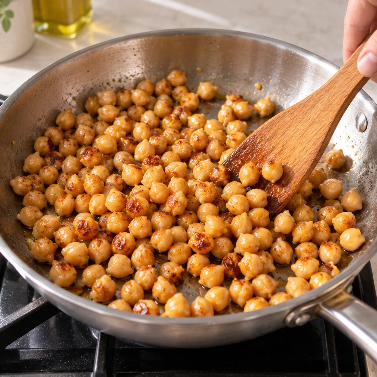 Pois chiches entiers cuits bien égouttés légèrement dorés dans une poêle métallique, aucune sauce encore, spatule remuant doucement.
