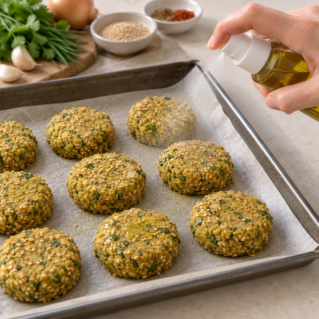 Appliquer le spray d’huile en fine couche sur les falafels, comme indiqué dans le commentaire de l’autrice.
