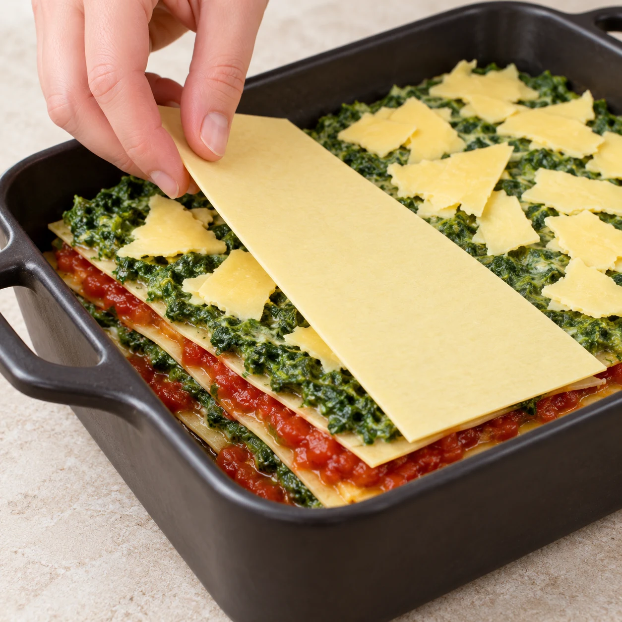 Main posant une plaque de lasagne crue sur une couche d’épinards crémés dans un plat à four noir.