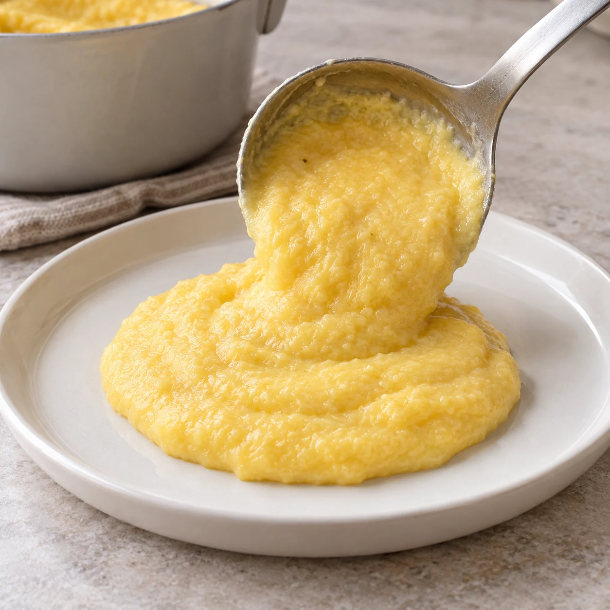 Une louche dépose uniquement la polenta crémeuse dans une assiette blanche neutre.