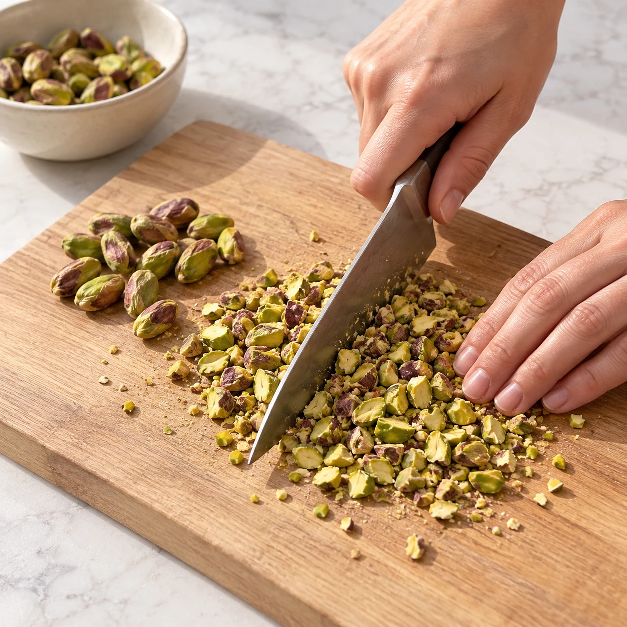 Concasser les pistaches ; Les pistaches sont en morceaux grossiers, sans être réduites en poudre.