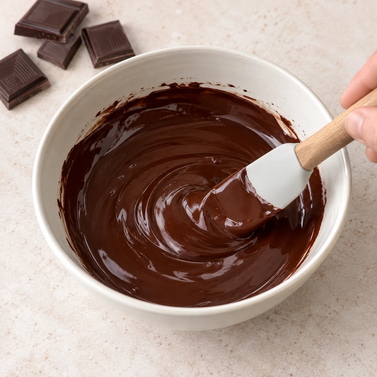Fais fondre le chocolat noir végane pour le nappage. La source ne précise ni méthode ni durée. État à montrer : Le chocolat est fondu et peut être étalé.