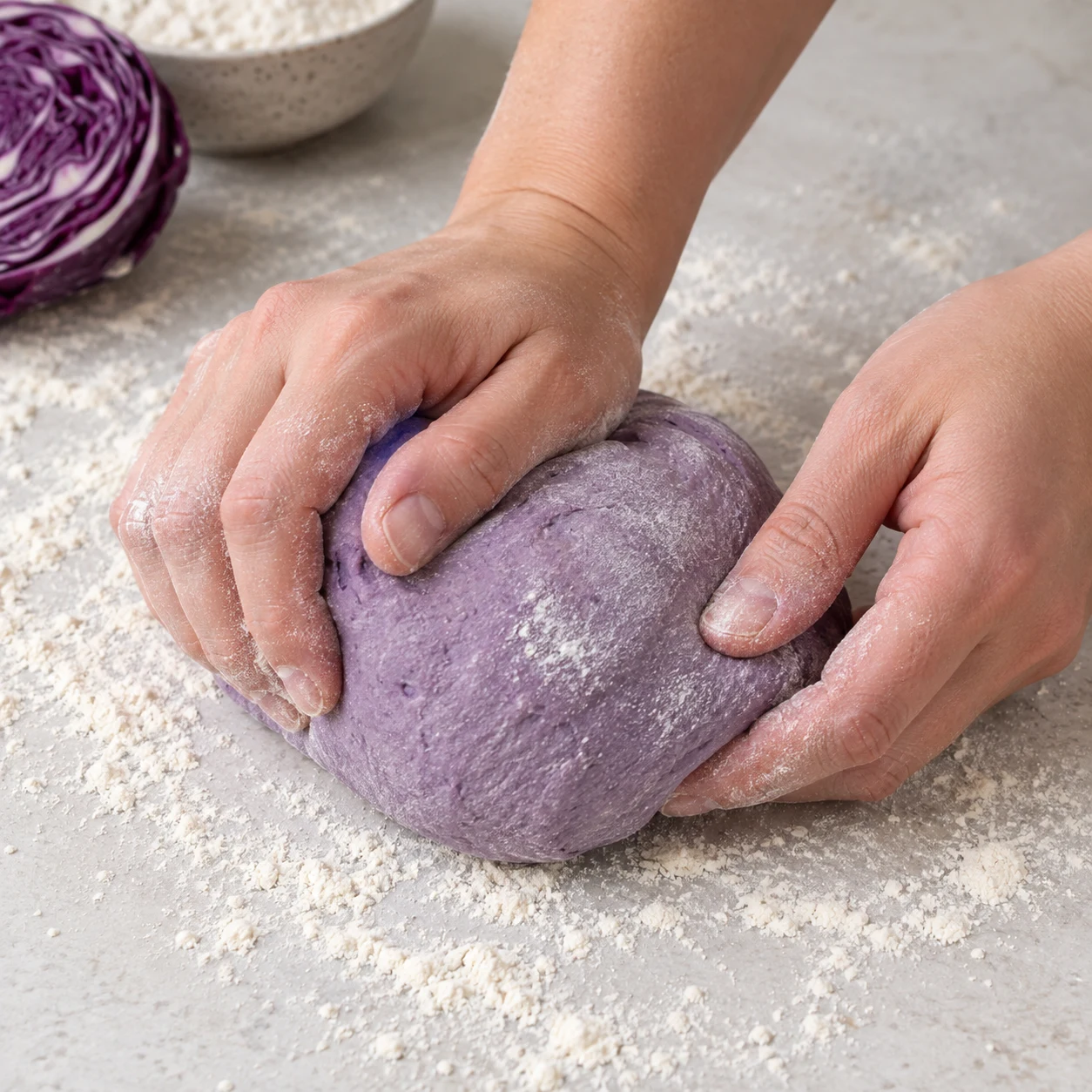 Mains anonymes malaxant doucement une boule mauve sur une surface légèrement farinée.