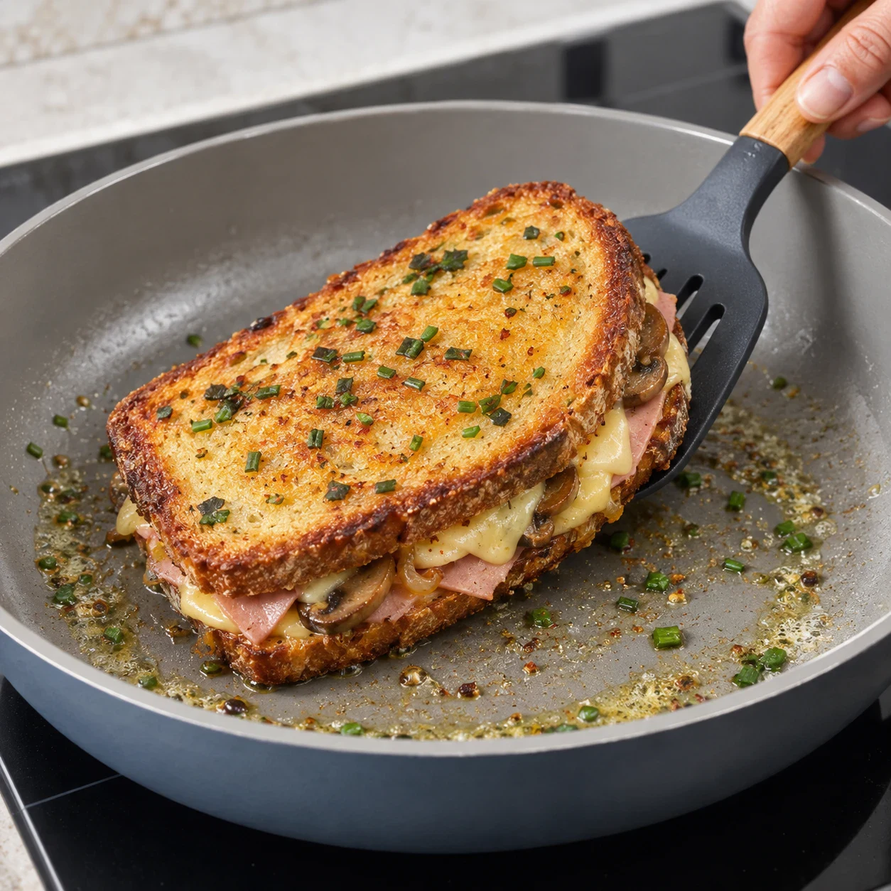 Croque retourné avec une spatule dans une poêle, surface croustillante brun doré ponctuée de ciboulette.