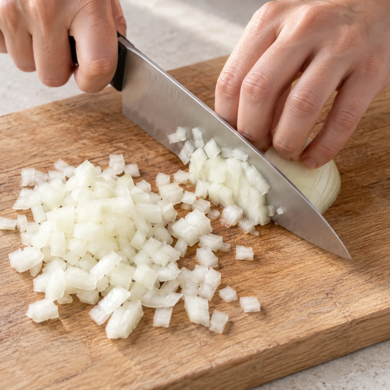 Hacher l’oignon : L’oignon est en petits dés, sans gros quartiers. Une seule phase culinaire, plan de travail pierre pâle, lumière naturelle, aucun texte.
