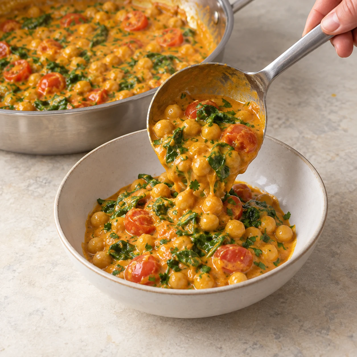 Une seule action : Servir le curry. La sauce orangée enrobe les pois chiches avec les demi-tomates et les feuilles vertes. Poêle neutre en inox quand la cuisson est montrée. Aucun ingrédient futur.