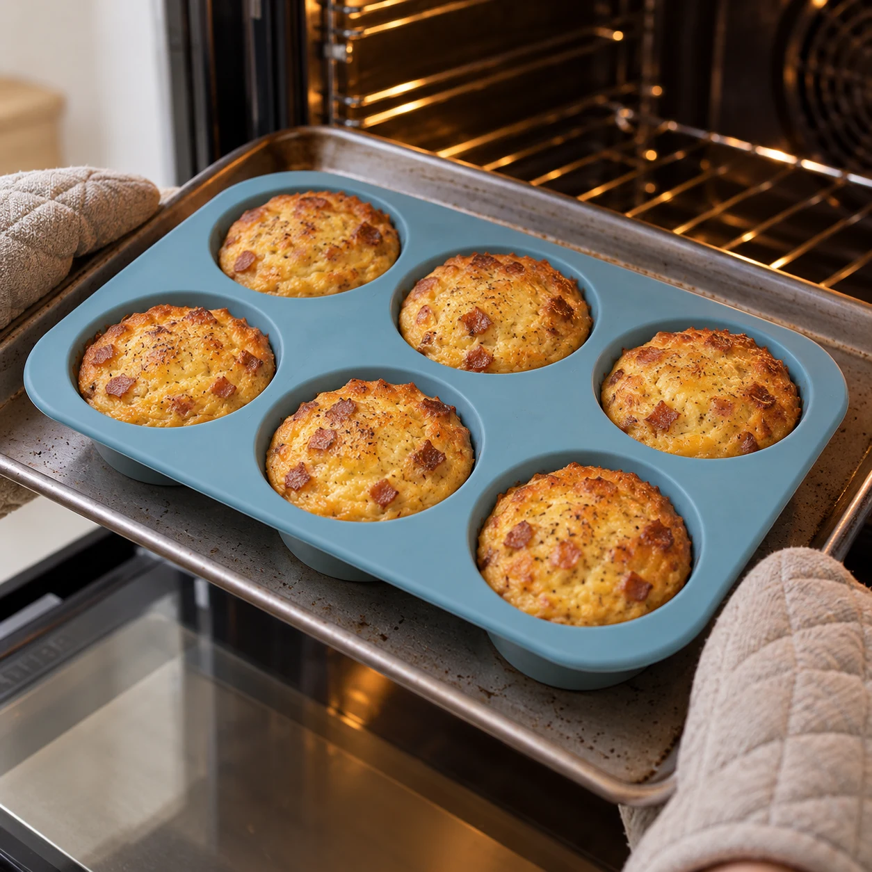 Mini-quiches végétales prises et dorées dans un moule en silicone sur une plaque rigide au four.