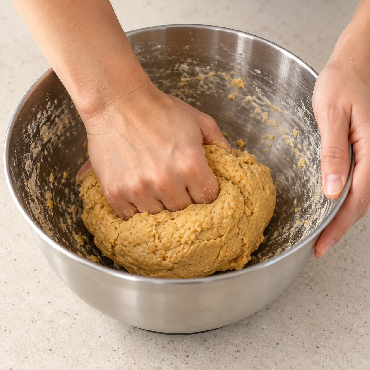 Pétris le mélange avec les mains jusqu’à obtenir une pâte liée. Montrer une seule phase, les ingrédients seuls et, si nécessaire, des mains anonymes.