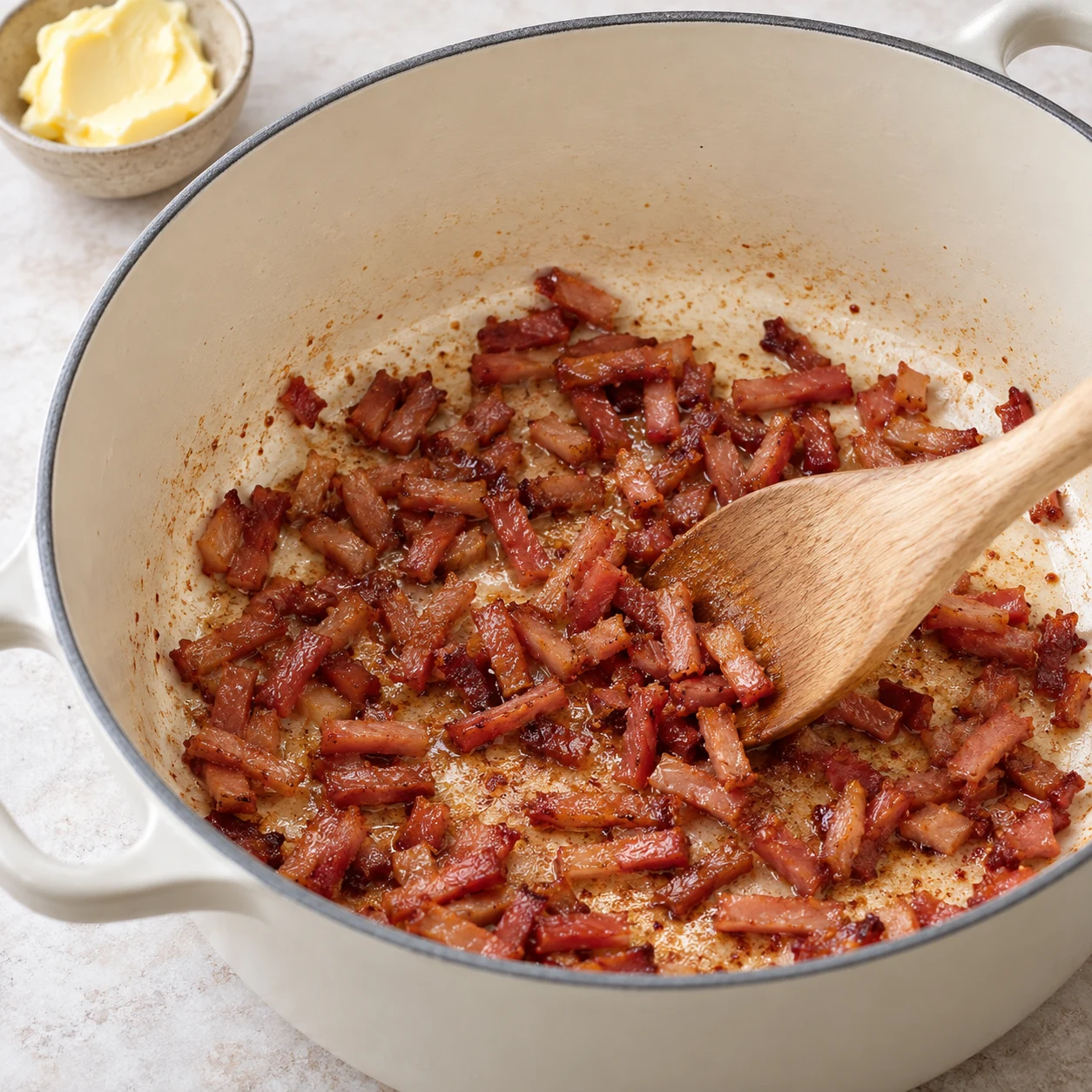 Photographie carrée de livre de recettes, une seule action : Griller les lardons végétaux. Prélevez un peu de margarine sur les 20 g pesés et faites griller les lardons végétaux dans la cocotte en remuant, jusqu’à ce que leurs bords soient dorés. Gardez le reste de margarine pour les poireaux. État attendu : Les bords des lardons sont dorés et aucune zone n’est brûlée. Montrer exclusivement Lardons végétaux fumés, Margarine végétale. Cocotte émaillée crème et plan de travail pierre pâle, lumière naturelle. Le bacon, le cheddar et les laitages de la capture source sont remplacés par les ingrédients végétaux documentés. Aucun texte, marque, bijoux, visage, corps ou identité de la personne.
