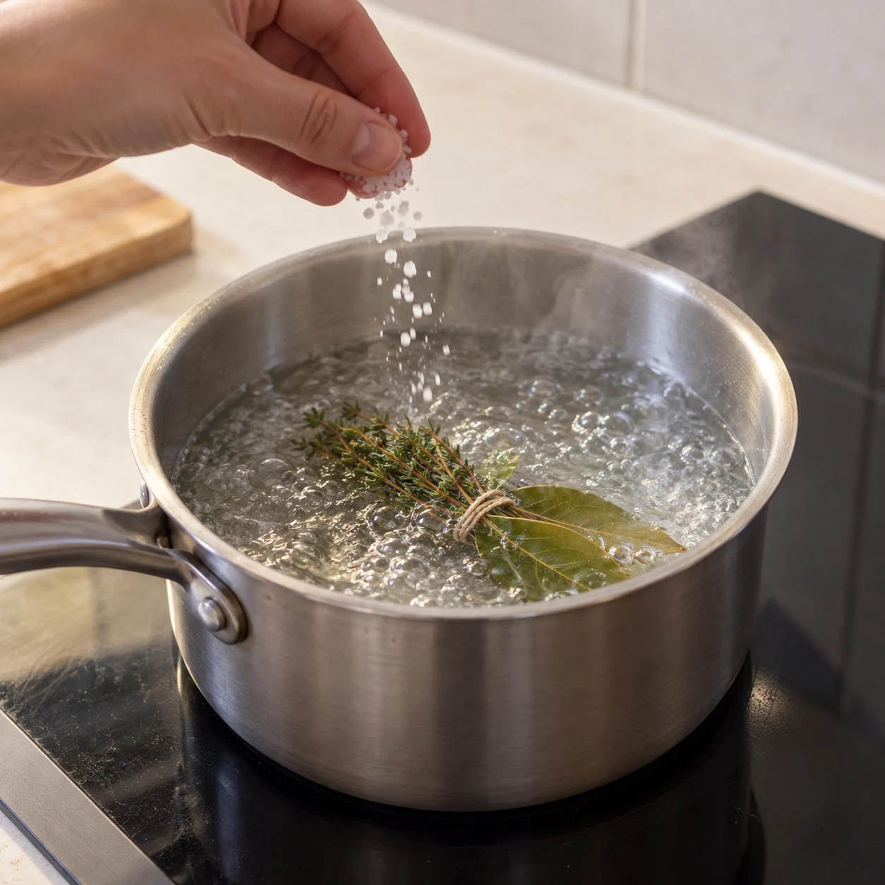 Casserole d’eau bouillante et bouquet thym laurier.