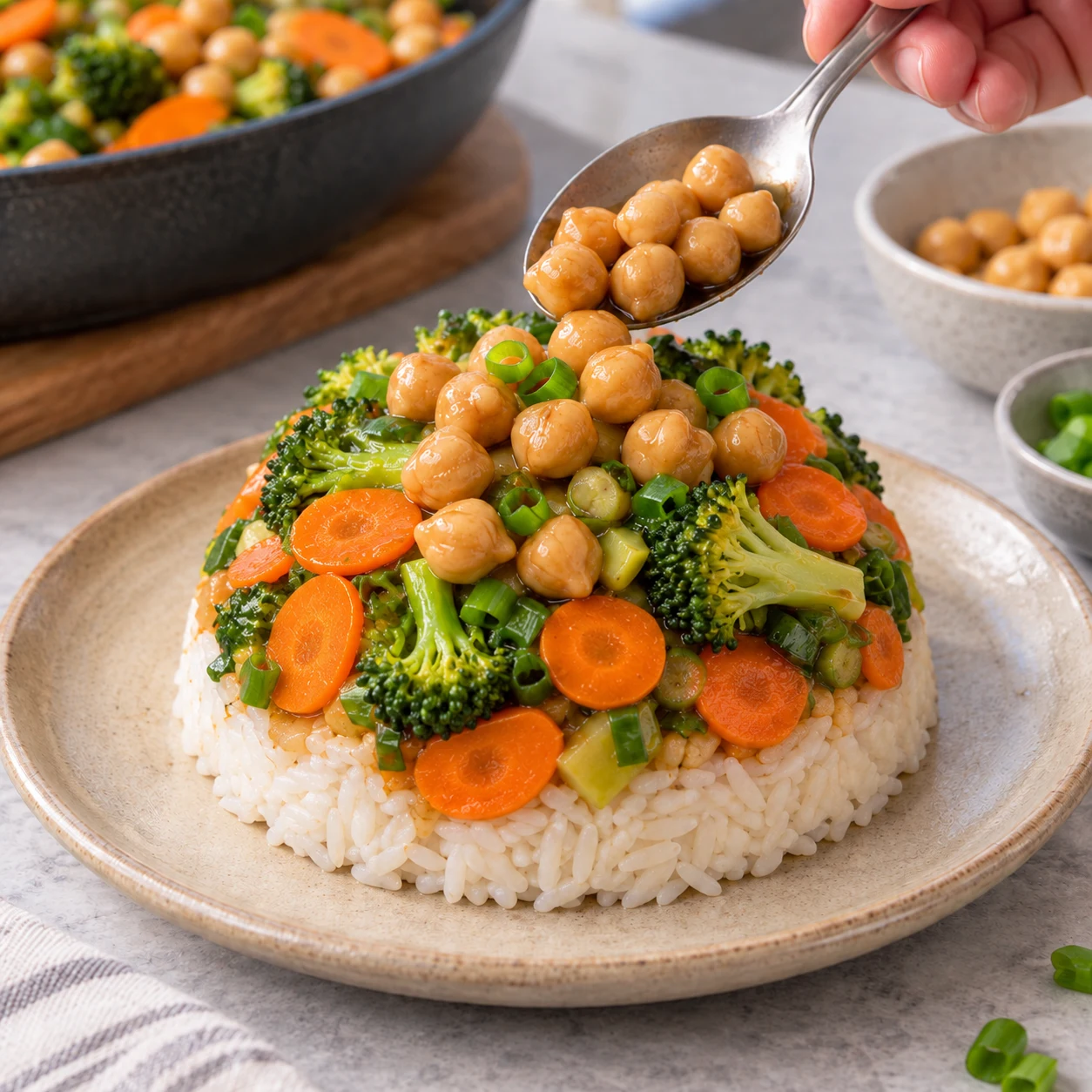 Bol renversé complet, riz blanc, carotte, brocoli en petites fleurettes et pois chiches brillants, sans œuf ni tofu.