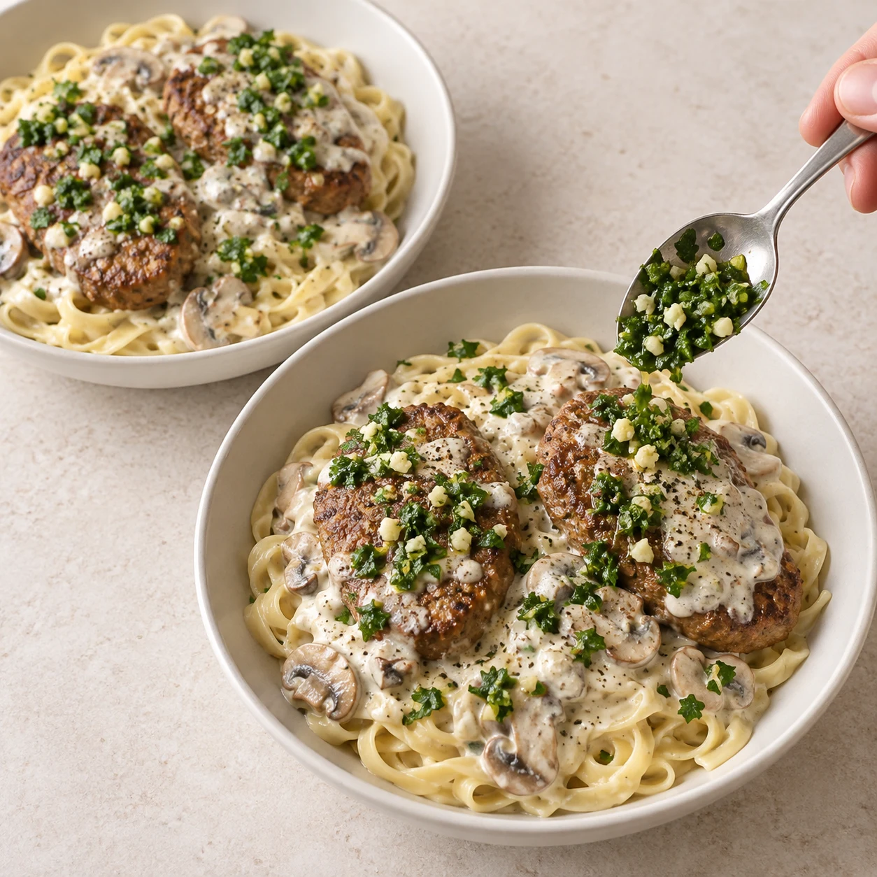 Deux portions de tagliatelles avec chacune deux steaks végétaux déjà formés, aux bords arrondis dorés, sauce blanche aux champignons, persillade.