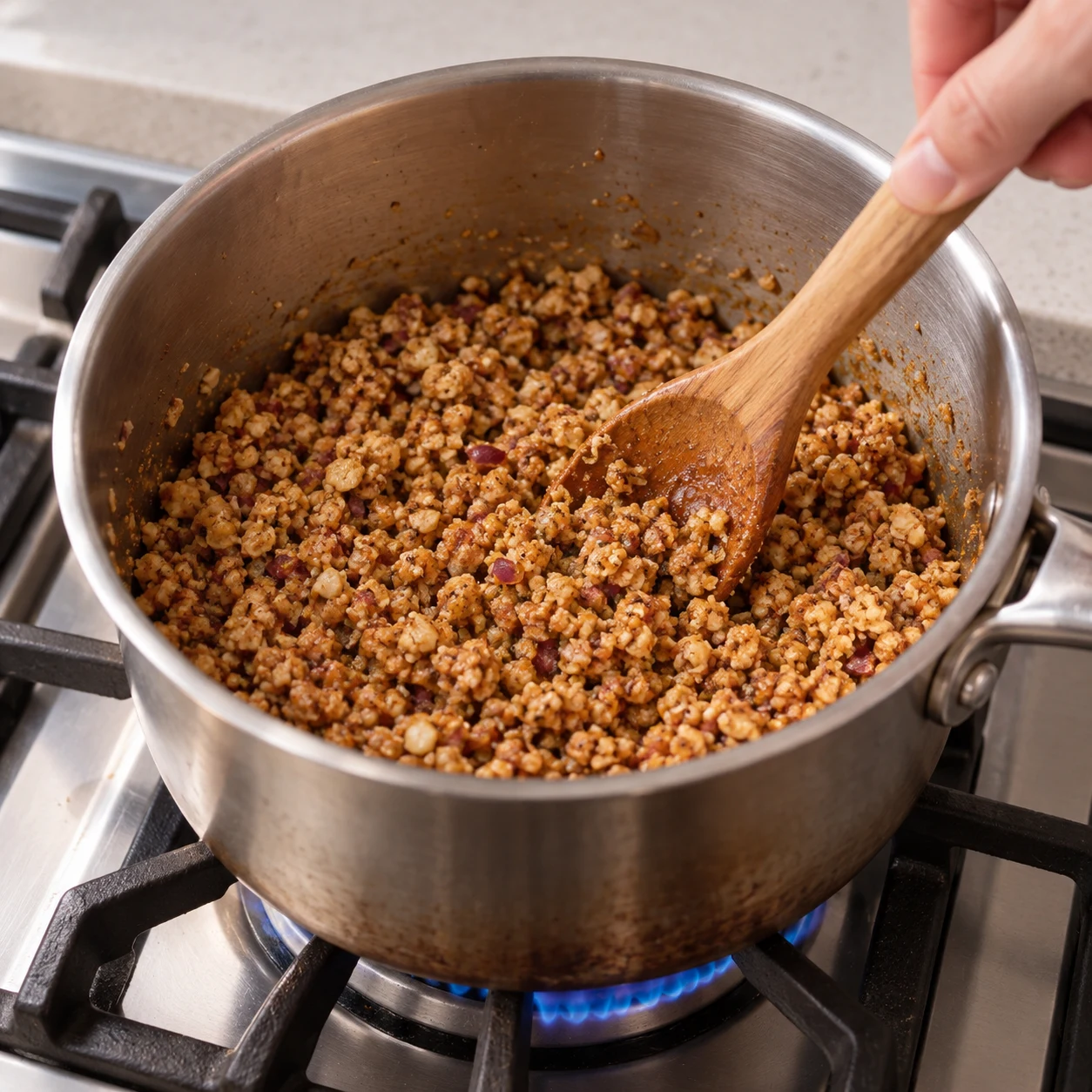 Haché de noix et champignons de Paris blancs doré dans une casserole ; épices et bouillon émietté incorporés, aucun piment entier.