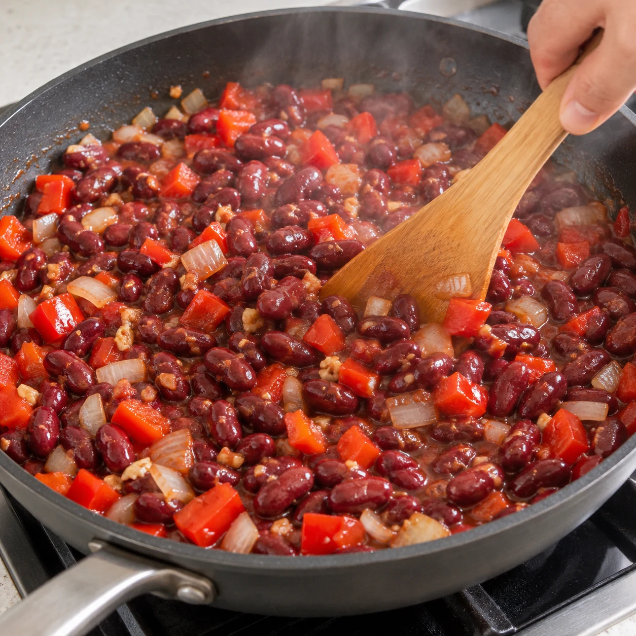 Incorporer les haricots rouges. Les haricots sont chauds et répartis parmi les légumes, avec leur jus.. Une seule action, aucun ingrédient des étapes ultérieures.