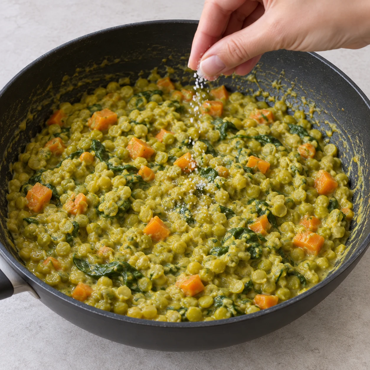 Petite pincée de sel au-dessus du dhal fini dans le wok, sans nouvelles garnitures ni riz.