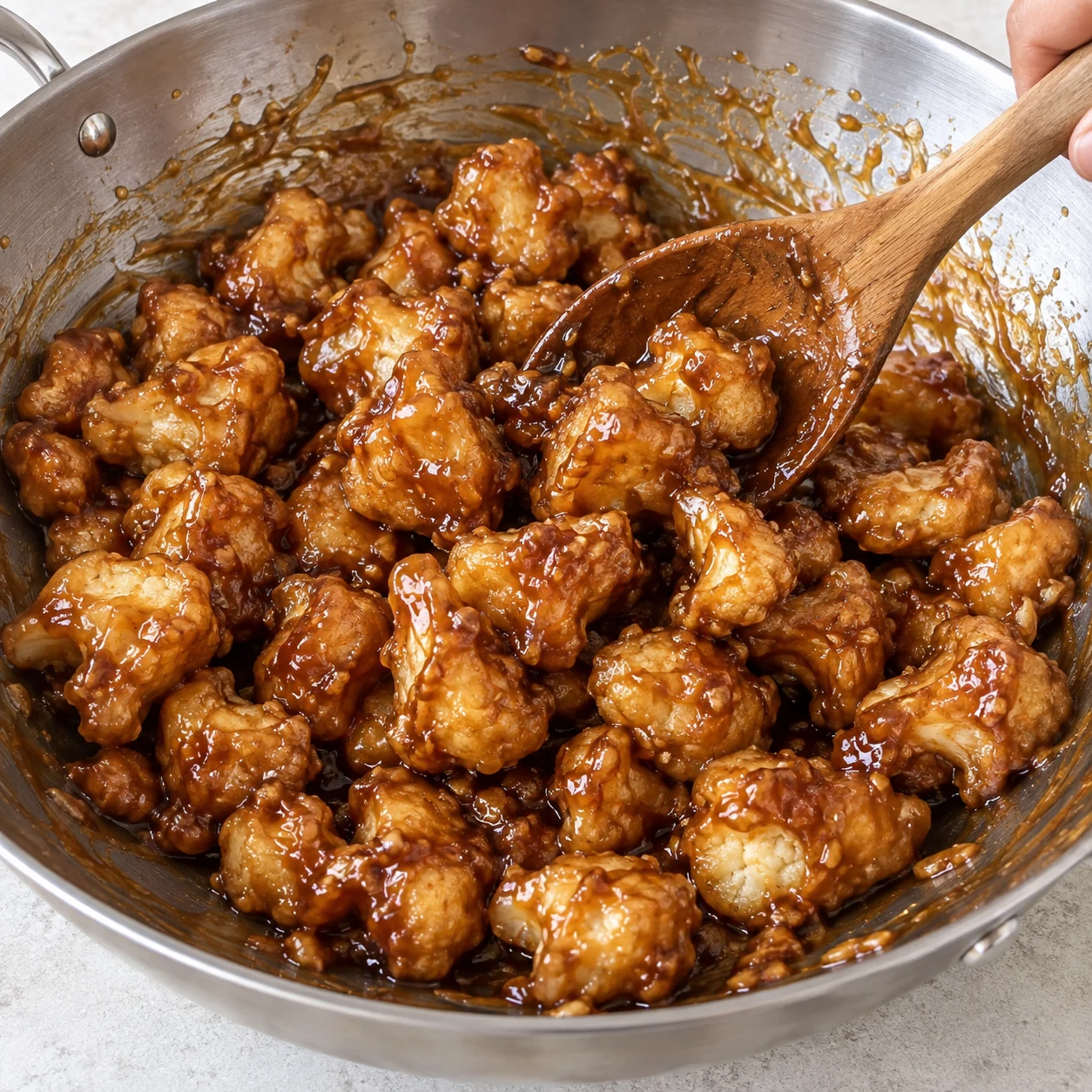 Cuillère en bois enrobe de sauce brune les nuggets de chou-fleur cuits dans le wok.