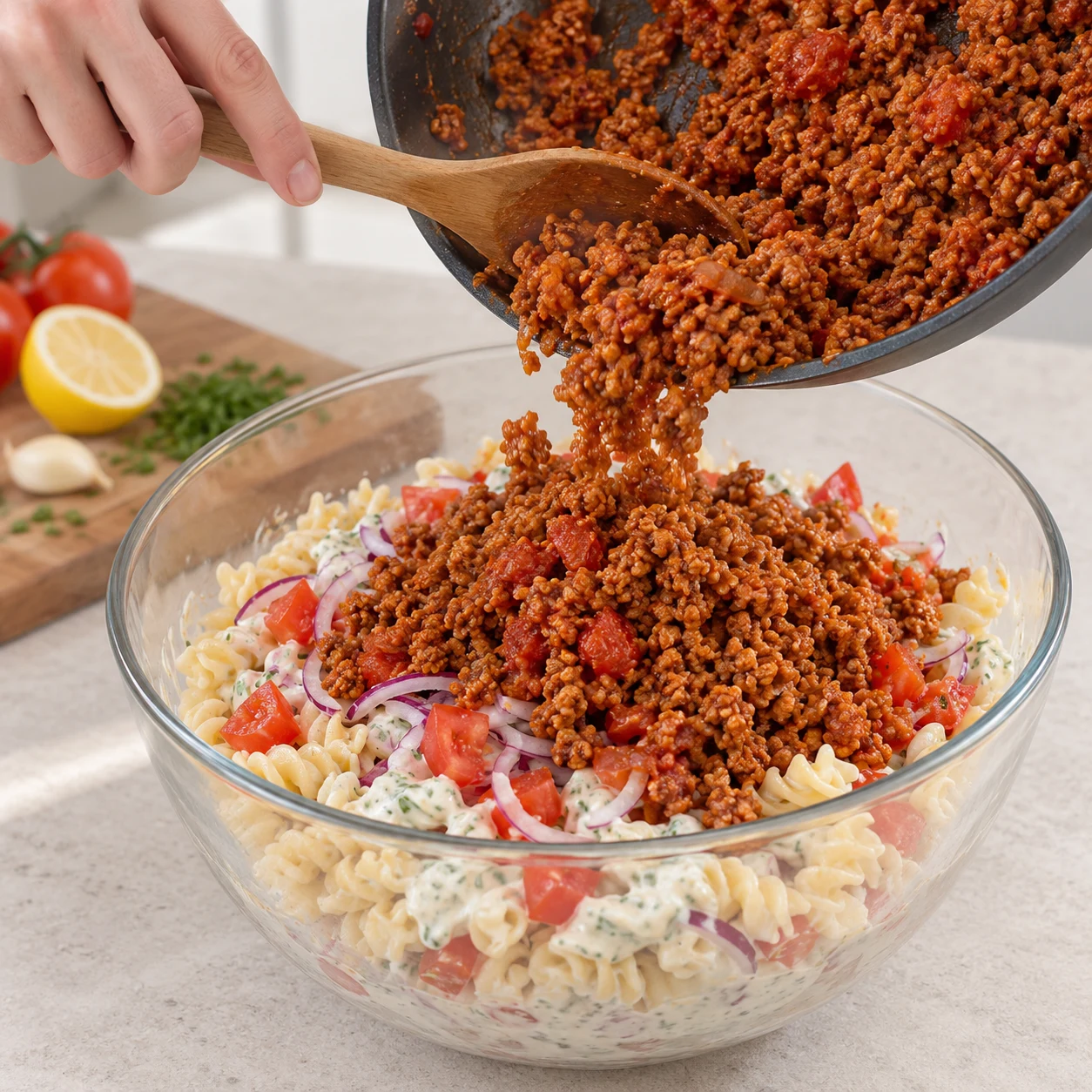 Haché de soja cuisiné à la tomate ajouté à la salade froide de fusilli, tomates et oignon rouge.