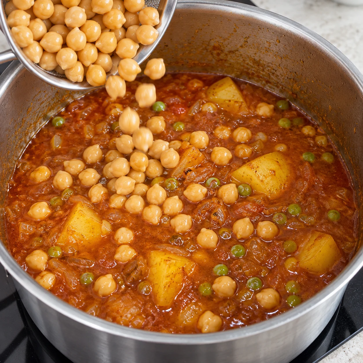 Une seule action : Incorporer les pois chiches. Les pois chiches sont répartis dans la sauce sans être écrasés. Version végétale aux pois chiches, aucune viande, aucun seitan, aucun tofu.